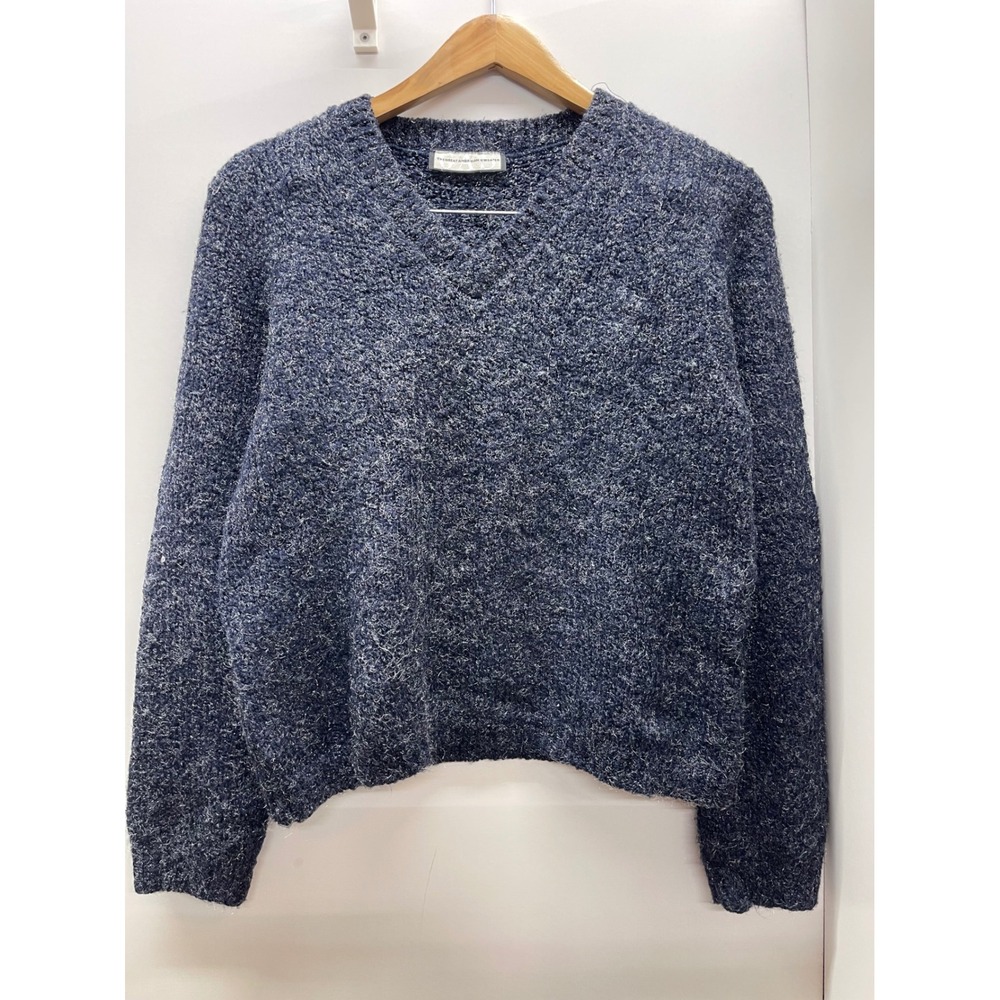 GAS The Great American Sweater Mens Navy Blue Marl V-Neck Fuzzy Knit Pullover